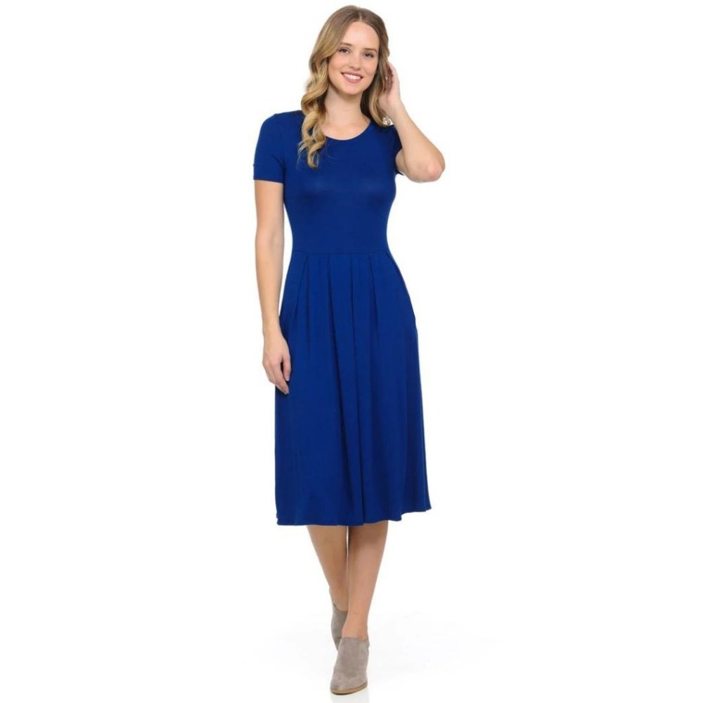 Short Sleeve Pleated A Line Midi Dress Royal Blue NWT